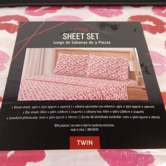 Valentines Day Red Pink Lips KISS  Love Lipstick TWIN Sheet 3 pc Set Girls Teen - Picture 4 of 10